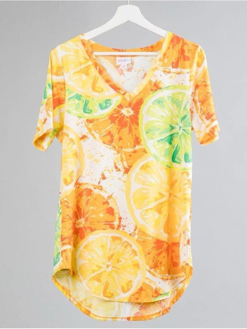 LuLaRoe Iris Citrus Slice V-Neck Tee in Yellow, Orange & Green